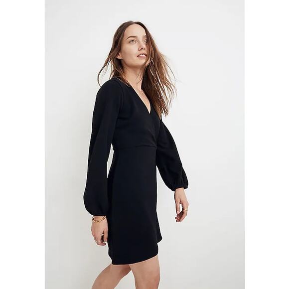 Madewell Black Texture & Thread Long-Sleeve Side-Tie Wrap Mini Dress Size XXS - Picture 2 of 11